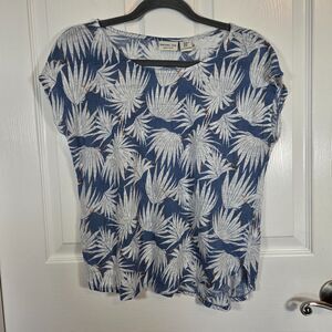 RACHEL ZOE 100% Linen Blue & White Tropical Cap Sleeve Top Women's Size MEDIUM